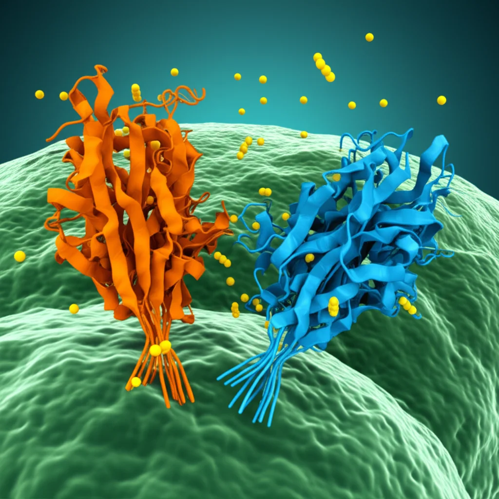 Un'illustrazione 3D stilizzata che mostra l'ormone AMH (in un colore) che si lega al suo recettore Bmpr2a (in un altro colore) sulla membrana cellulare, innescando una cascata di segnali Smad (visualizzati come particelle luminose) che entrano nel nucleo della cellula. Dettaglio elevato sulle molecole, illuminazione drammatica per evidenziare l'interazione, obiettivo macro 80mm.