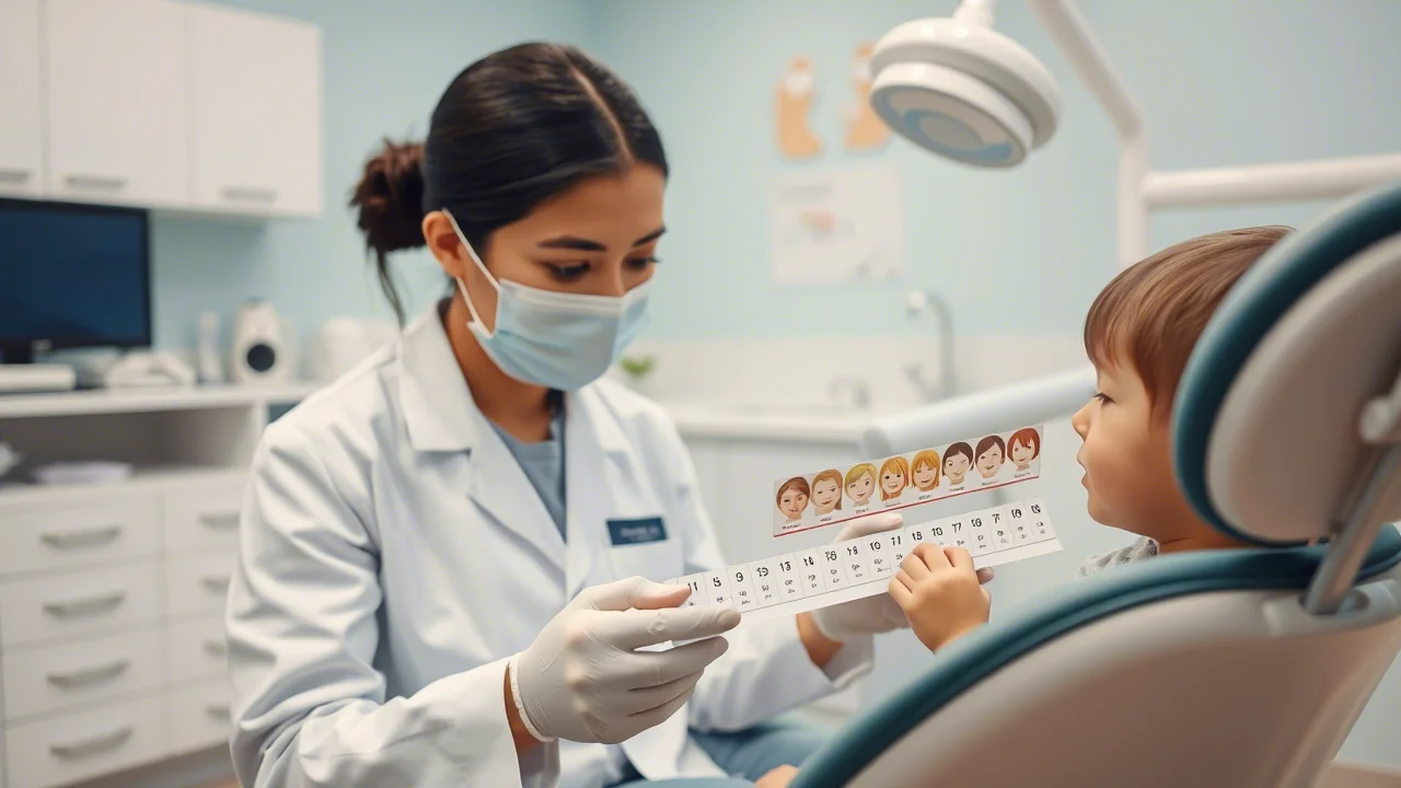 Un dentista pediatrico, in un ambiente clinico luminoso e accogliente, mostra la scala del dolore di Wong-Baker a un bambino di circa 8 anni seduto sulla poltrona dentistica. Il bambino osserva le facce con espressione curiosa. Obiettivo 35mm, profondità di campo per mettere a fuoco bambino e scala, mantenendo lo sfondo leggermente sfocato.