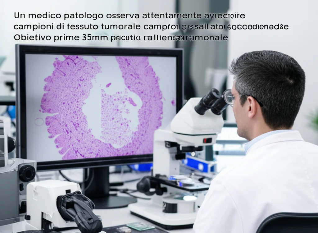 Un medico patologo osserva attentamente al microscopio campioni di tessuto tumorale duodenale, con accanto sullo schermo del computer immagini istologiche e grafici di espressione ormonale. Obiettivo prime 35mm, profondità di campo, illuminazione da studio medico.