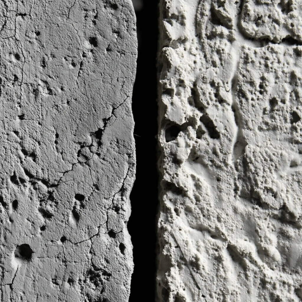 Macro fotografia di due campioni di calcestruzzo affiancati: uno liscio e compatto, l'altro poroso e con piccole crepe visibili. Lente macro 100mm, alta definizione, illuminazione controllata per evidenziare le texture e le imperfezioni.