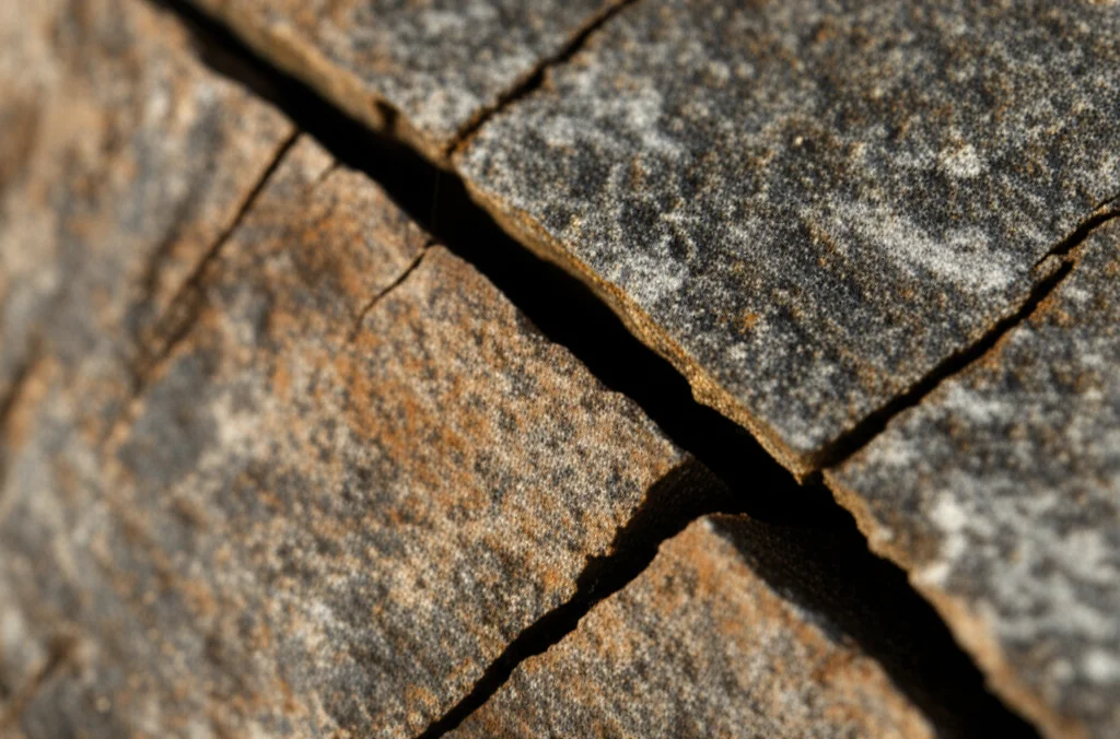 Fotografia macro di una roccia bruciata e fratturata, illuminazione controllata per evidenziare le crepe, obiettivo macro 90mm, alta definizione dei dettagli delle fessure, sfondo leggermente sfocato per concentrarsi sulla roccia.