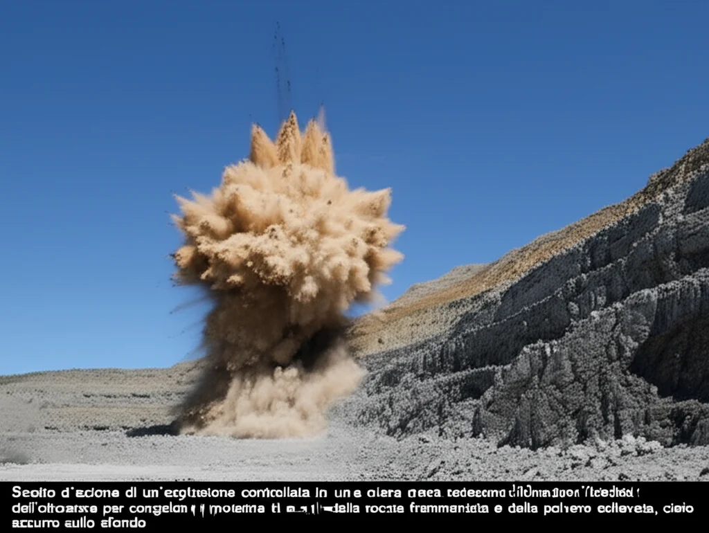 Scatto d'azione di un'esplosione controllata in una miniera a cielo aperto, teleobiettivo zoom 200mm, alta velocità dell'otturatore per congelare il movimento della roccia frammentata e della polvere sollevata, cielo azzurro sullo sfondo.