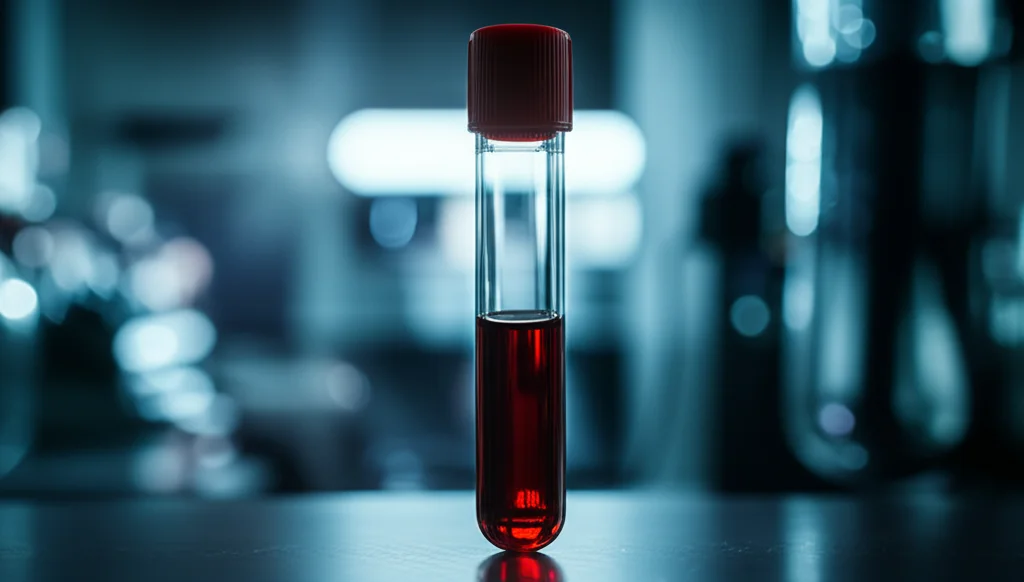 Primo piano di una provetta di sangue con sfondo sfocato di un laboratorio high-tech. Luce controllata per evidenziare la provetta. Macro lens, 100mm, high detail, precise focusing.