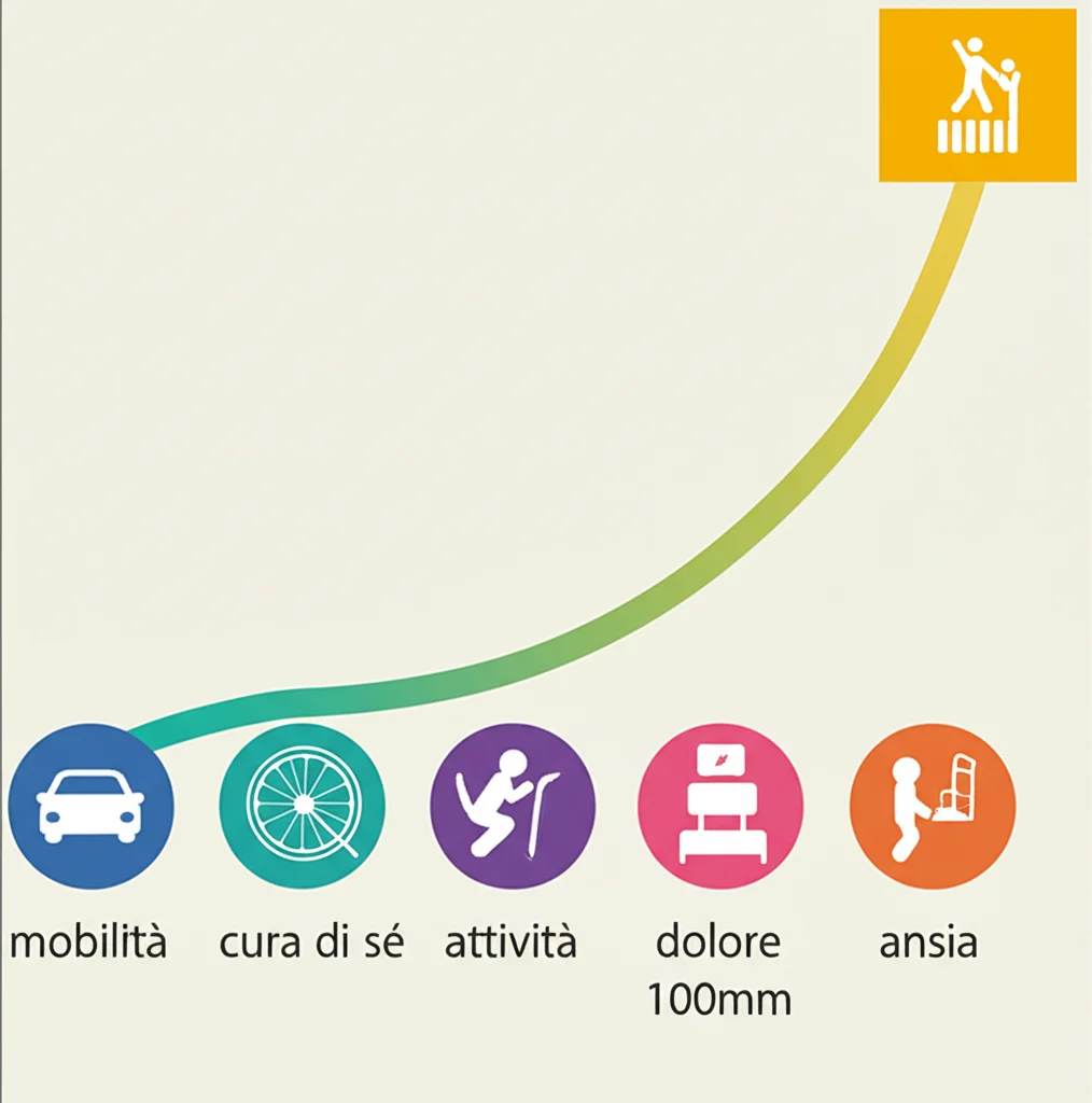Un grafico stilizzato che mostra una linea ascendente rappresentante il miglioramento della qualità della vita, con icone simboliche per mobilità, cura di sé, attività, dolore e ansia. Sfondo neutro, colori vivaci per il grafico. Obiettivo macro 100mm, illuminazione controllata per massima nitidezza del grafico.