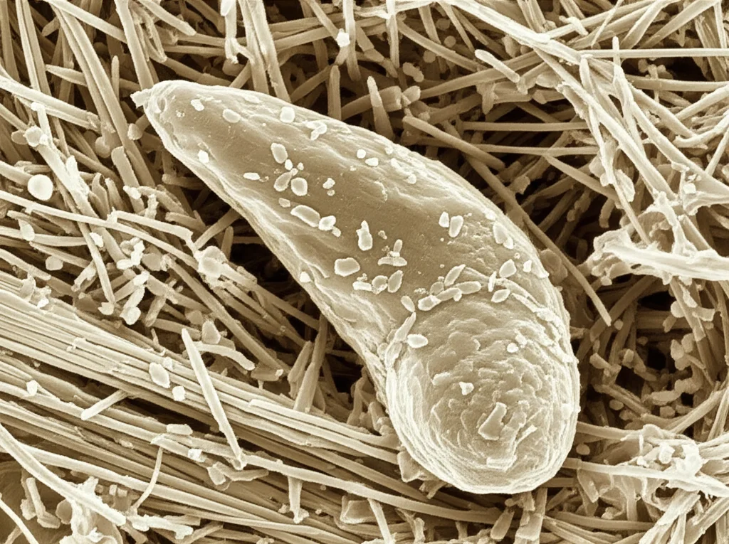 Visualizzazione al microscopio elettronico a scansione (SEM) di un uovo di Clonorchis sinensis incastonato in materiale biliare, con cristalli di colesterolo e particelle di bilirubina adesi. L'uovo appare deforme e circondato da materiale mucoso. Obiettivo macro, alta definizione, illuminazione da laboratorio.