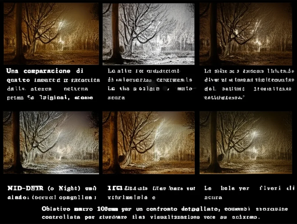 Una comparazione di quattro immagini della stessa scena notturna. La prima è l'originale, molto scura. Le altre tre mostrano l'effetto di diversi algoritmi di miglioramento dell'immagine, con NID-DETR (o Night-enhance) che produce l'immagine più bilanciata e dettagliata. Obiettivo macro 100mm per un confronto dettagliato, illuminazione controllata per simulare la visualizzazione su schermo.