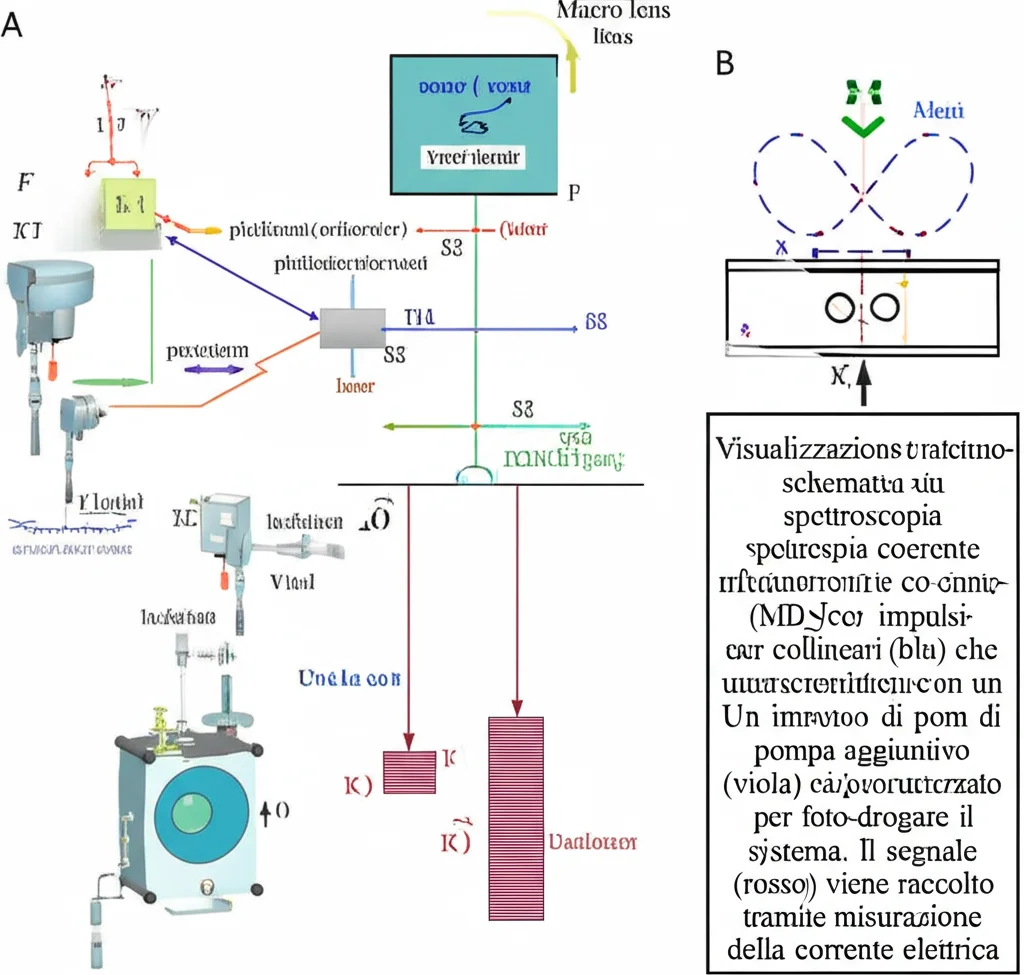 Visualizzazione schematica di un setup di spettroscopia coerente multidimensionale (MDCS) con tre impulsi laser collineari (blu) che interagiscono con un campione. Un impulso di pompa aggiuntivo (viola) può essere utilizzato per foto-drogare il sistema. Il segnale (rosso) viene raccolto tramite misurazione della corrente elettrica. Macro lens, 80mm, high detail, precise focusing, controlled lighting, stile grafico scientifico.