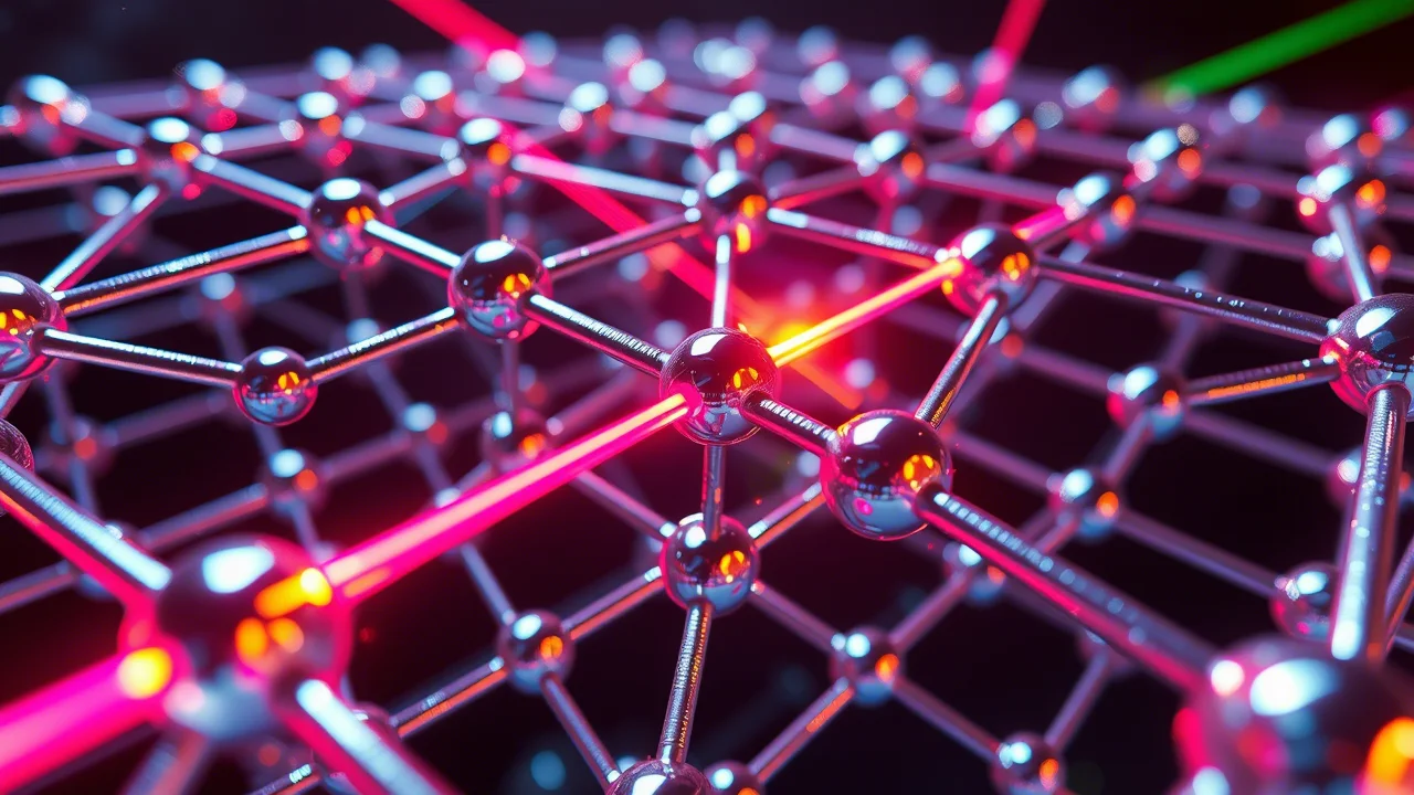 Simulazione fotorealistica di un reticolo cristallino multi-orbitale con elettroni in diversi stati di spin (low-spin e high-spin). Fasci laser colorati indicano gli impulsi della MDCS che sondano le transizioni tra questi stati. Telephoto zoom, 150mm, fast shutter speed, action tracking per evidenziare le dinamiche degli elettroni, illuminazione vibrante.