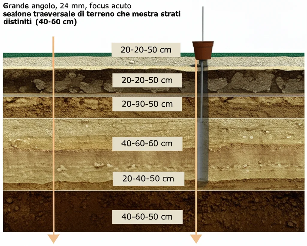 Grande angolo, 24 mm, focus acuto, sezione trasversale di terreno che mostra strati distinti (0-20 cm, 20-40 cm, 40-60 cm) con colori e trame vari, una piccola vasca o sonda di terreno visibile per la scala, sottile retroilluminazione per evidenziare differenze di trama tra strati.