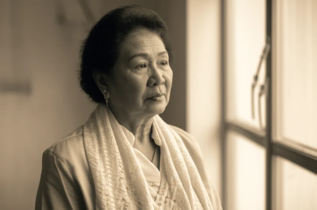 Ritratto fotografico di una donna matura, sui 55-60 anni, di etnia asiatica, dall'aria pensierosa ma serena, che guarda fuori da una finestra luminosa in un ambiente medico accogliente. Obiettivo da ritratto 35mm, profondità di campo, luce naturale soffusa, toni caldi e accoglienti, duotone seppia e grigio.