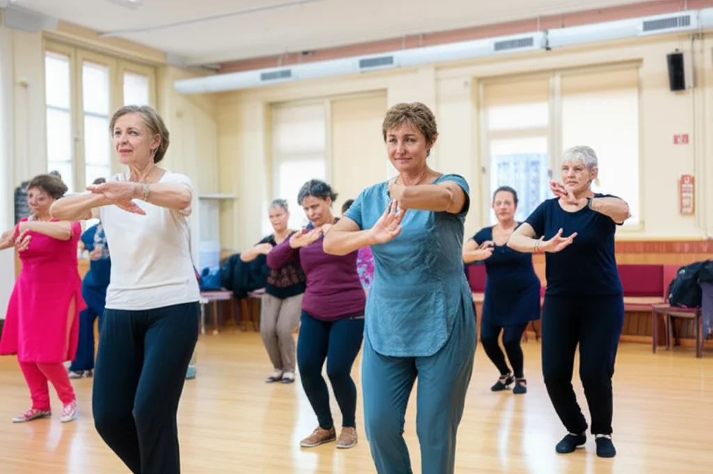 Un gruppo multietnico di donne di mezza età che partecipano con gioia a una lezione di danza Bollywood in una sala comunitaria luminosa e accogliente. Prime lens, 35mm, colori vivaci, profondità di campo per mettere a fuoco le espressioni felici.