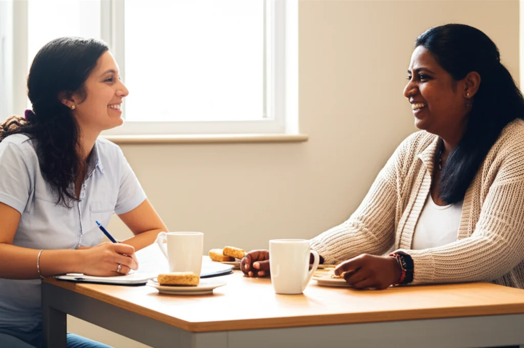 Due donne, una ricercatrice con un taccuino e una partecipante della comunità sud-asiatica sorridente, sedute a un tavolo in un centro comunitario luminoso, che discutono animatamente e con complicità, con tazze di tè e biscotti tra loro. Obiettivo da ritratto, 50mm, luce naturale soffusa che entra da una finestra, espressioni autentiche di dialogo e connessione.