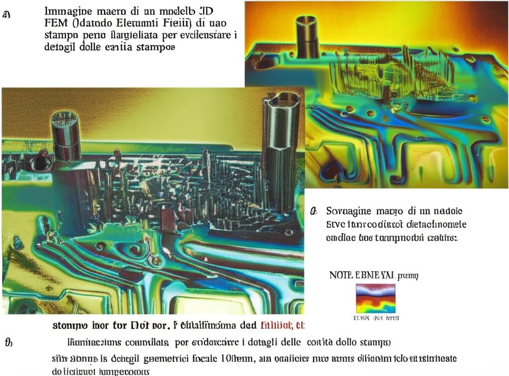 Immagine macro di un modello 3D FEM (Metodo Elementi Finiti) di uno stampo per forgiatura, illuminazione controllata per evidenziare i dettagli delle cavità dello stampo, focale 100mm, alta definizione dei dettagli geometrici, con sovrapposte mappe di calore che indicano la distribuzione della temperatura.