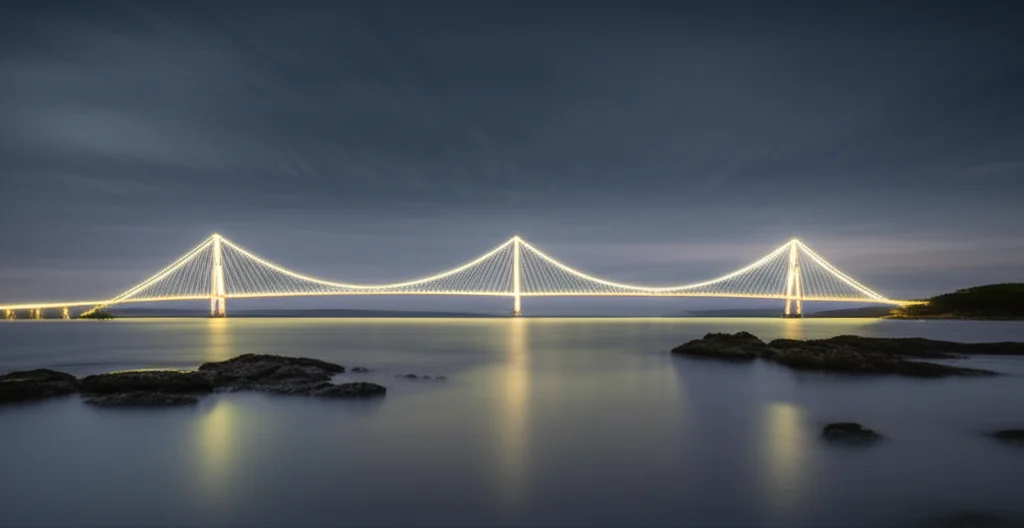 Paesaggio concettuale che simboleggia l'unificazione di diverse teorie matematiche, con ponti luminosi che collegano isole astratte rappresentanti concetti di integrale generalizzato, integrale di Lebesgue e integrale improprio, long exposure, smooth water or clouds, wide-angle, 15mm, sharp focus.
