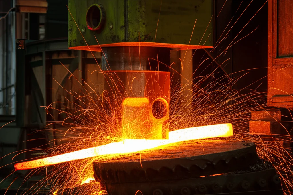 Fotografia sportiva di un martello idraulico in azione durante la forgiatura, teleobiettivo 200mm, alta velocità dell'otturatore per congelare il movimento, tracciamento del movimento degli stampi con marcatori visibili e scintille luminose che si sprigionano dall'impatto.