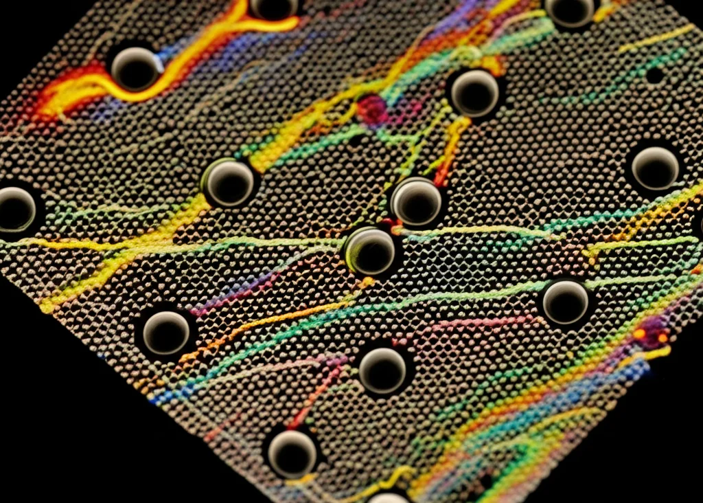 Immagine macro ad altissima definizione di nanosfere di ZnCo2O4 di colore scuro distribuite su un foglio traslucido di ossido di grafene, il tutto immerso in una soluzione acquosa con coloranti organici visibili come scie colorate. Illuminazione laterale controllata per evidenziare le texture, obiettivo macro 100mm.