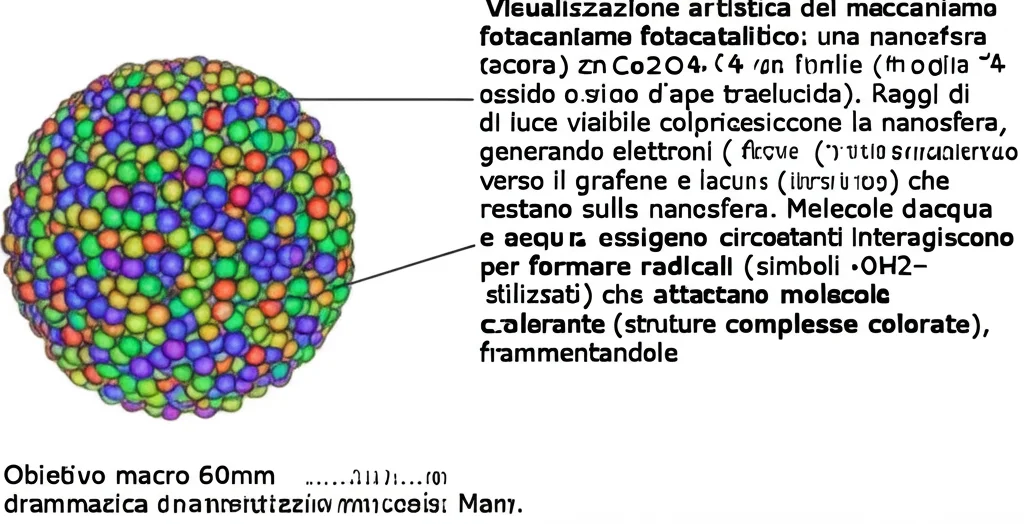 Visualizzazione artistica del meccanismo fotocatalitico: una nanosfera di ZnCo2O4 (scura) attaccata a un foglio di ossido di grafene (struttura a nido d'ape traslucida). Raggi di luce visibile colpiscono la nanosfera, generando elettroni (sfere blu) che si muovono verso il grafene e lacune (sfere rosse) che restano sulla nanosfera. Molecole d'acqua e ossigeno circostanti interagiscono per formare radicali (simboli •OH e •O2− stilizzati) che attaccano molecole di colorante (strutture complesse colorate), frammentandole. Obiettivo macro 60mm, illuminazione drammatica per evidenziare il processo.
