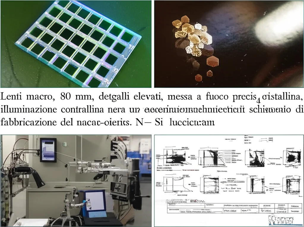 Lenti macro, 80 mm, dettagli elevati, messa a fuoco precisa, illuminazione controllata, una piccola pila di polvere di naco₂o₄ cristallina nera accanto a un wafer N-Si luccicante su una panca da laboratorio, con diagrammi schematici del processo di fabbricazione del dispositivo visibile su un monitor vicino.