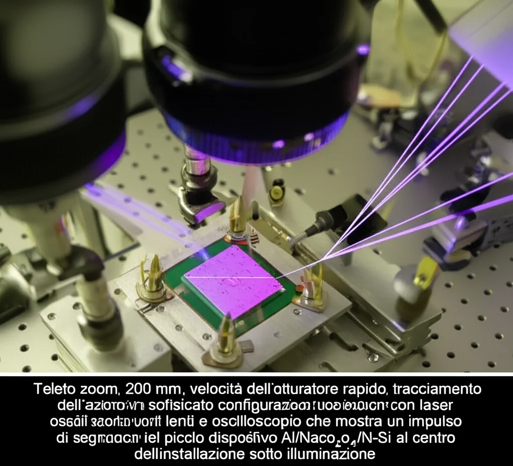 Teleto zoom, 200 mm, velocità dell'otturatore rapido, tracciamento dell'azione, un sofisticato configurazione di test optoelettronici con laser, lenti e un oscilloscopio che mostra un impulso di segnale ultraveloce, con un piccolo dispositivo Al/Naco₂o₄/N-Si al centro dell'installazione sotto illuminazione.