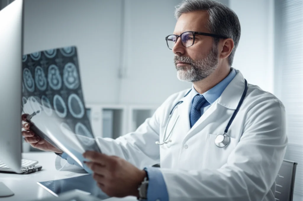 Un medico di mezza età, con occhiali, esamina attentamente una scansione cerebrale su un monitor ad alta definizione in uno studio medico moderno e ben illuminato. L'immagine dovrebbe avere un obiettivo da ritratto, focale 35mm, con una leggera profondità di campo per mettere a fuoco il medico e la scansione, suggerendo la complessità della salute cerebrale. Duotone blu e grigio per un'atmosfera seria ma tecnologica.