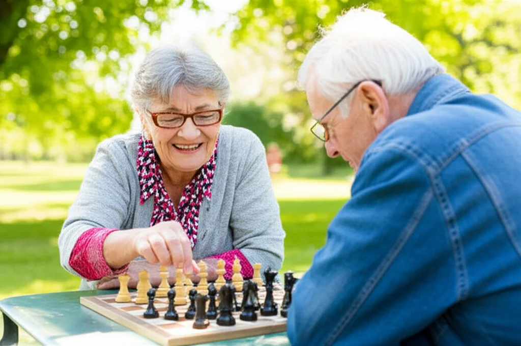 Una persona anziana sorridente che gioca a scacchi con un amico in un parco soleggiato. L'immagine dovrebbe evocare vitalità mentale e interazione sociale. Utilizzare un teleobiettivo zoom 100-400mm per catturare l'azione a distanza, con una velocità dell'otturatore elevata per congelare il movimento delle mani sui pezzi degli scacchi.