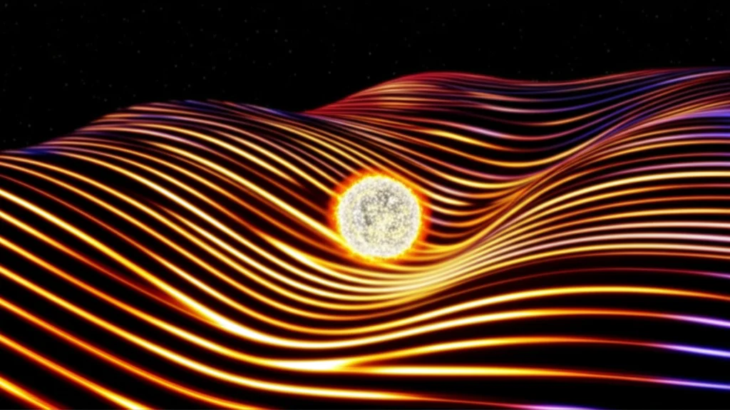 Simulazione di onde gravitazionali emesse da una stella di quark strana oscillante, visualizzate come increspature nello spaziotempo. Telephoto zoom, 200mm, fast shutter speed, action tracking per catturare la dinamica delle onde.
