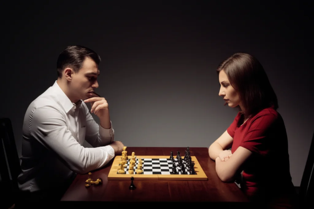 Due persone, un uomo e una donna di mezza età, sedute una di fronte all'altra a un tavolo di legno scuro in una stanza leggermente penombra, concentrate su una scacchiera. Illuminazione drammatica laterale, stile film noir. Obiettivo prime 35mm, profondità di campo ridotta che sfoca lo sfondo.