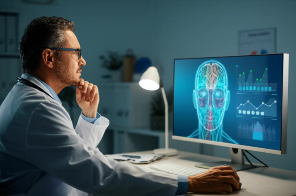 Un medico di base, uomo di mezza età, in un ambulatorio moderno, guarda pensieroso uno schermo di computer che mostra un'interfaccia AI con grafici stilizzati relativi alla salute mentale. Obiettivo prime, 35mm, profondità di campo, illuminazione controllata.