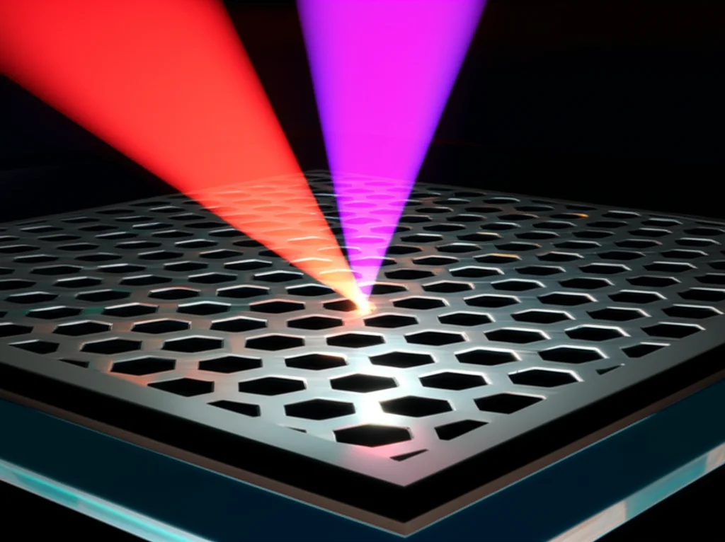 Macro fotografia, lente 60mm, di un chip microelettronico Gr-Si-Gr illuminato da un sottile fascio laser colorato, con dettagli brillanti sulla superficie del grafene e del silicio, illuminazione di precisione che evidenzia la giunzione, sfondo scuro high-tech.