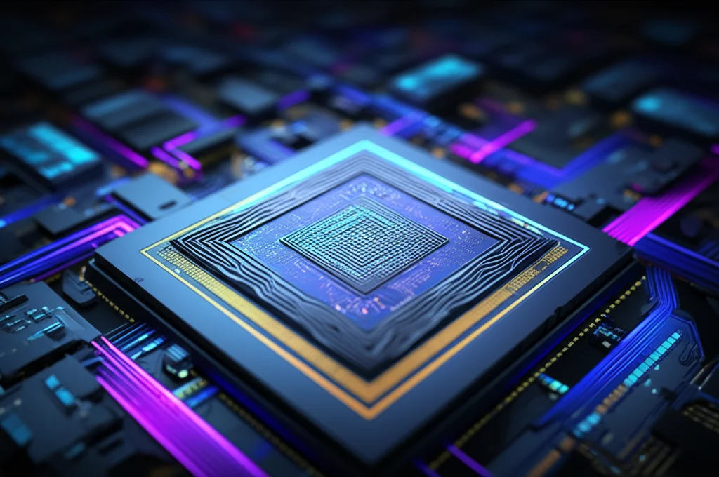 Visualizzazione artistica di un processore quantistico futuristico basato sul grafene, con impulsi di luce PetaHertz che viaggiano tra porte logiche luminose, colori vibranti blu e viola, effetto profondità di campo, 35mm.