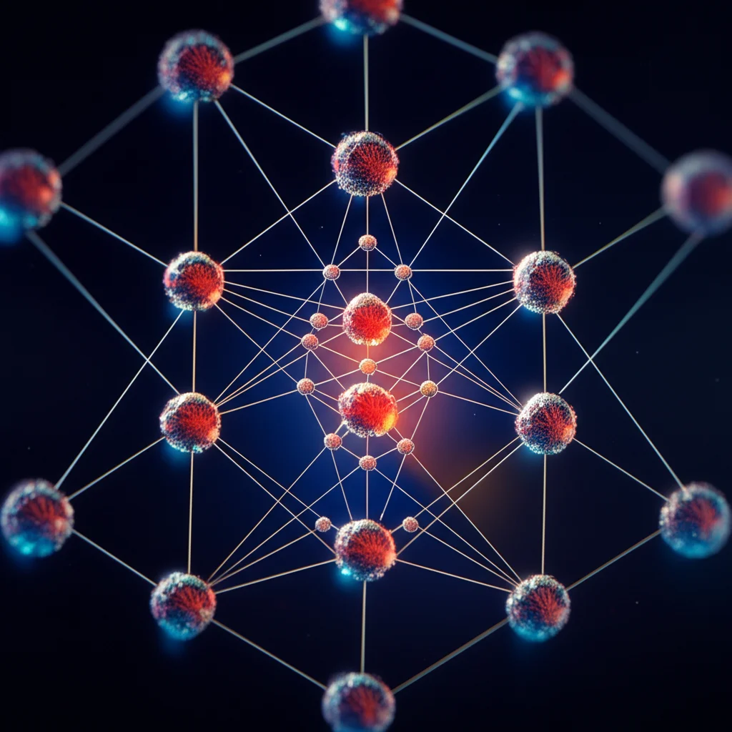 Diagramma astratto che illustra il concetto di Attentional Value Factorization (AVF): nodi rappresentanti agenti (plotoni) con i loro valori Q locali che convergono verso un nodo centrale (valore Q globale) attraverso connessioni ponderate da un meccanismo di attenzione. Macro lens, 60mm, high detail, precise focusing, controlled lighting, colori vivaci per i flussi di dati.
