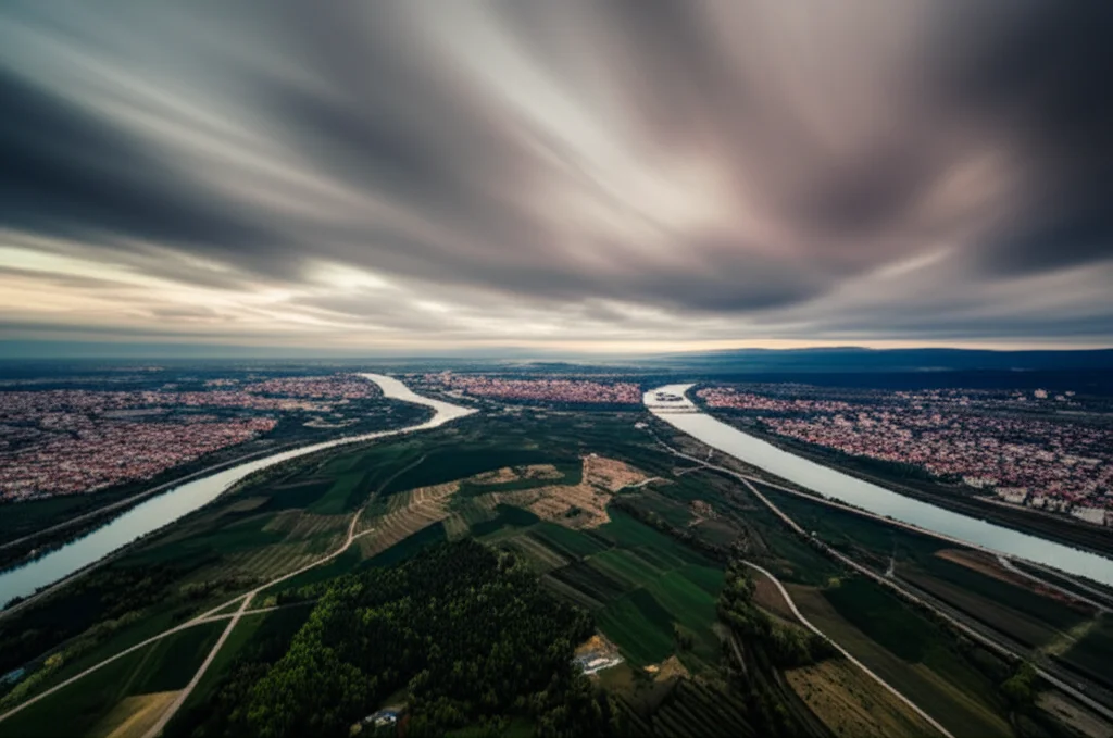 Immagine aerea, wide-angle 10mm, della provincia di Sakarya che mostra la transizione da aree rurali e forestali a zone urbane in espansione, con un fiume che attraversa il paesaggio, long exposure per nuvole dinamiche, sharp focus, luce del tardo pomeriggio.