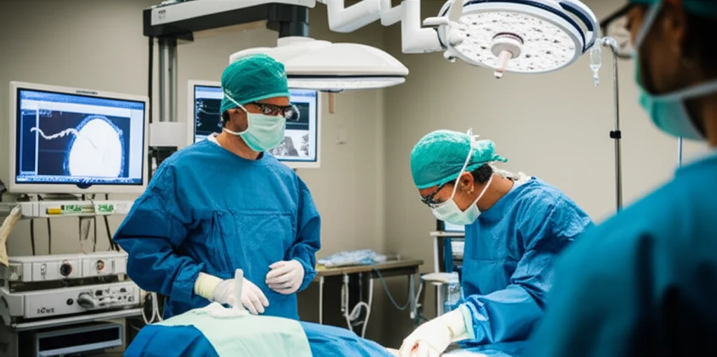 Un team di chirurghi esegue un'esofagectomia mininvasiva in una sala operatoria moderna e high-tech, con monitor che mostrano immagini endoscopiche dettagliate. L'illuminazione è focalizzata sull'area chirurgica, telephoto zoom, 150mm, fast shutter speed, action tracking per catturare la precisione dei movimenti.