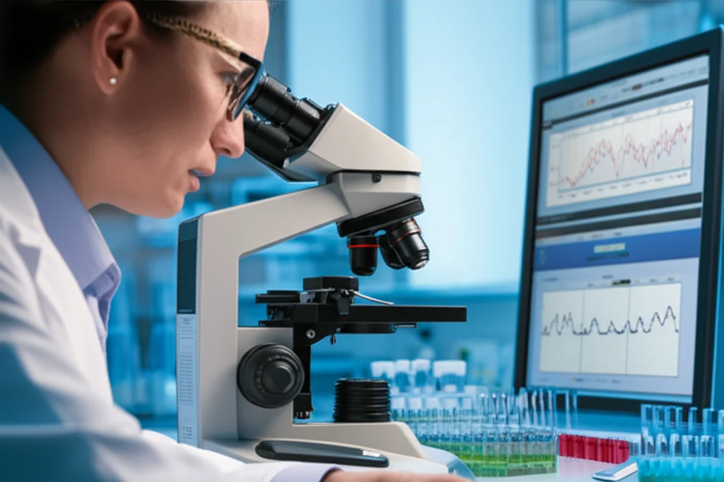 Un ricercatore in un laboratorio di oncologia osserva campioni di sangue al microscopio, con grafici di sopravvivenza e dati dell'IPI visibili su uno schermo di computer sullo sfondo. Macro lens, 60mm, high detail, precise focusing, controlled lighting.
