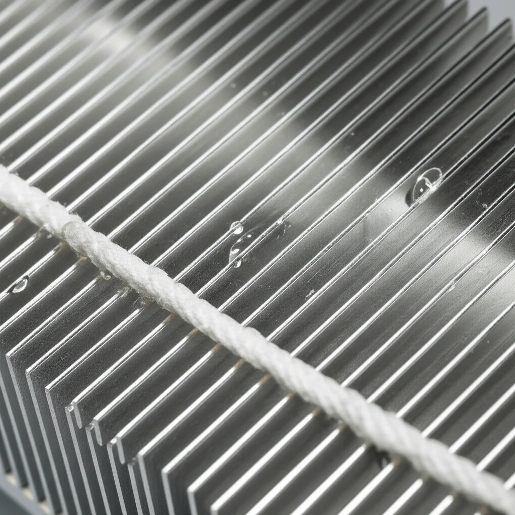 Macro fotografia di un dissipatore di calore in alluminio per componenti elettronici, con corde di cotone umide avvolte attorno alle alette e goccioline d'acqua visibili sulla superficie. Illuminazione laterale controllata per esaltare la texture e i dettagli, obiettivo macro 100mm, high detail, precise focusing.