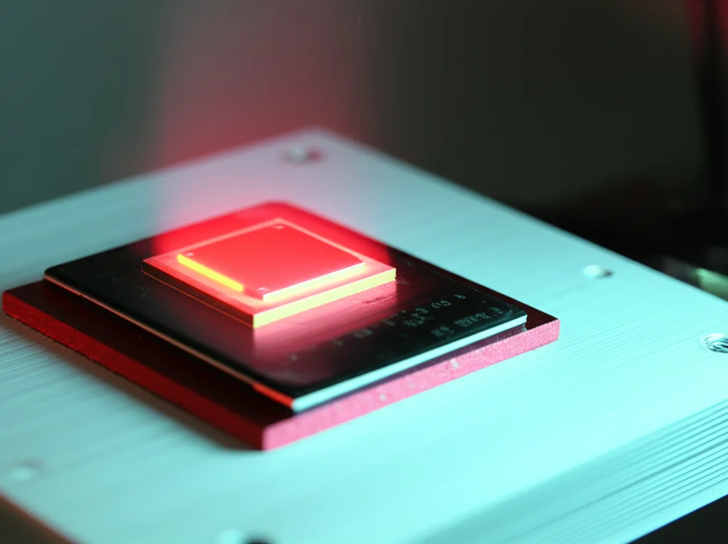 Immagine termica di un componente elettronico MOSFET SiC montato su un dissipatore di calore durante il funzionamento, con aree più calde in rosso/giallo e più fredde in blu/verde. Si nota il vapore che sale dalla superficie. Obiettivo prime 35mm, per un contesto generale del setup sperimentale.