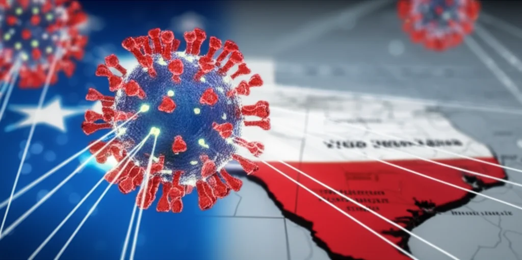 Macro fotografia, 100mm Macro lens, di un modello 3D stilizzato del virus SARS-CoV-2 con brillanti linee di connessione che si irradiano da esso verso una mappa sfocata del Texas sullo sfondo, high detail, precise focusing sul virus, controlled lighting per enfatizzare le connessioni.