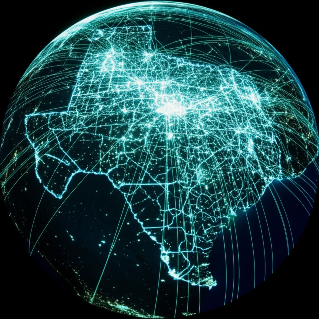 Fotografia wide-angle, 24mm, di una mappa stilizzata del Texas con aree urbane illuminate intensamente (come Dallas, Houston) e aree rurali più scure. Linee luminose di diverso spessore collegano le città, rappresentando i flussi di trasmissione virale. Alcune linee si estendono oltre i confini dello stato, simboleggiando la connessione globale. Long exposure per le linee luminose, sharp focus sulla mappa.