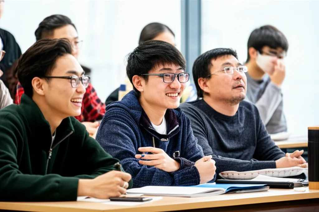 Fotografia di ritratto di un gruppo eterogeneo di studenti universitari cinesi sorridenti e coinvolti attivamente in una discussione durante una lezione di inglese, l'aula è luminosa e moderna. Obiettivo da 35mm, stile cinematografico a colori vivaci, profondità di campo per mettere a fuoco gli studenti in primo piano.