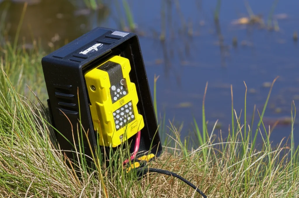 Un registratore acustico AudioMoth montato su un palo in un paesaggio agricolo temperato australiano, vicino a uno stagno agricolo. Obiettivo macro, 80mm, alta definizione, illuminazione naturale diffusa all'alba, con focus preciso sul registratore e lo sfondo leggermente sfocato per profondità di campo.