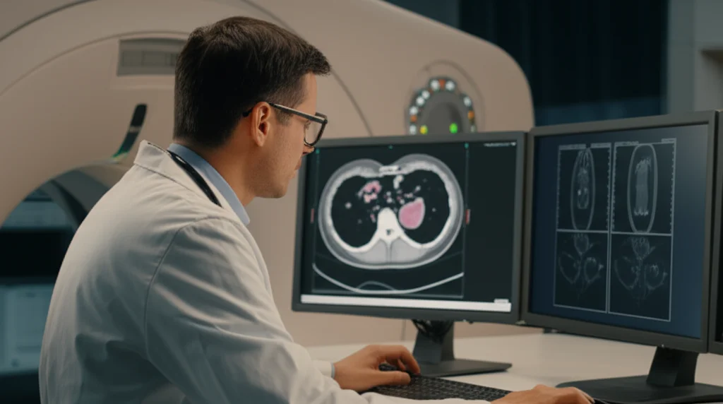 Un medico radiologo, uomo di mezza età con occhiali, osserva attentamente lo schermo di una workstation avanzata di una TAC a doppia energia (DECT). Lo schermo mostra immagini colorate e grafici relativi a una scansione dell'esofago. L'ambiente è una sala di controllo radiologica moderna e leggermente oscurata per migliorare la visibilità dello schermo. Dettagli: Prime lens, 35mm, profondità di campo per mettere a fuoco il medico e lo schermo, illuminazione controllata proveniente dallo schermo e da luci soffuse ambientali.