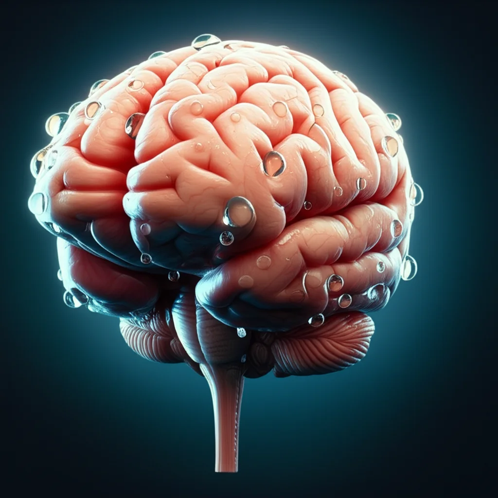 Un cervello stilizzato e luminoso, con gocce d'acqua che lo circondano, a simboleggiare l'idratazione. Macro lens, 80mm, high detail, controlled lighting, sfondo leggermente sfocato per mettere in risalto il cervello.