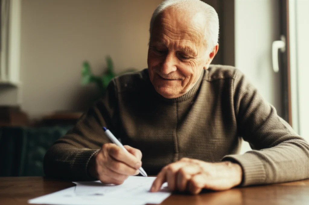 Un anziano sorridente seduto a un tavolo, concentrato mentre esegue un test cognitivo con dei fogli e una penna. Luce naturale da una finestra laterale. Prime lens, 35mm, depth of field, colori caldi e accoglienti, espressione concentrata ma serena.