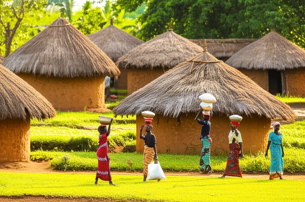 Una scena di vita quotidiana in una comunità rurale della Sierra Leone, con capanne tradizionali e persone che svolgono attività. L'immagine dovrebbe evidenziare il contrasto tra la bellezza del luogo e le possibili difficoltà di accesso ai servizi. Obiettivo grandangolare 24mm, luce naturale, colori caldi ma realistici.