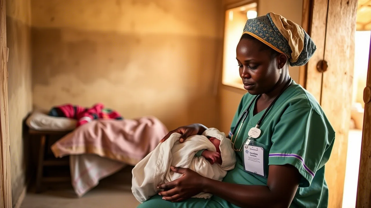 Personale sanitario in una clinica modesta ma pulita in Sierra Leone che assiste una madre e il suo neonato. L'immagine deve suggerire dedizione e l'importanza dell'accesso alle cure. Obiettivo da 50mm, illuminazione interna morbida, dettagli precisi sulle interazioni.
