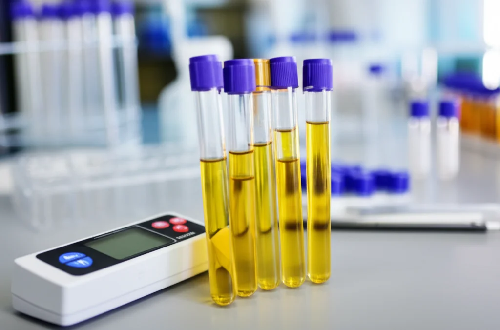 Primo piano di provette con campioni di urina di diversi colori su un bancone da laboratorio, con un rifrattometro digitale e altra strumentazione scientifica sfocata sullo sfondo. Macro lens, 100mm, precise focusing, high detail, illuminazione da laboratorio controllata.