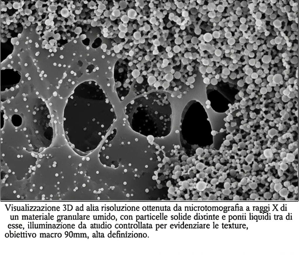 Visualizzazione 3D ad alta risoluzione ottenuta da microtomografia a raggi X di un materiale granulare umido, con particelle solide distinte e ponti liquidi tra di esse, illuminazione da studio controllata per evidenziare le texture, obiettivo macro 90mm, alta definizione.