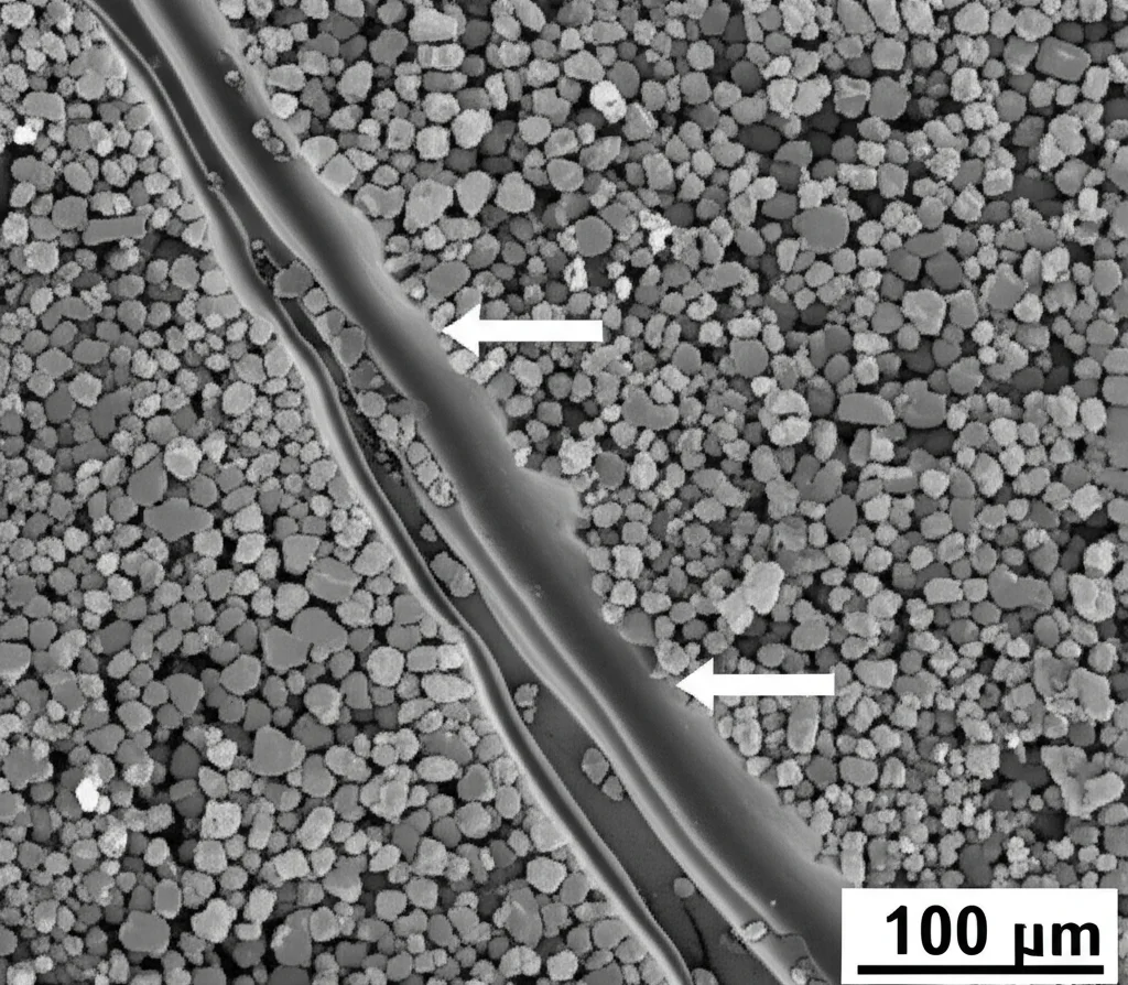 Sezione trasversale di un campione di materiale granulare umido sottoposto a taglio, visualizzata tramite microtomografia a raggi X, che mostra la ridistribuzione delle fasi liquida e solida, con zone di taglio evidenti, illuminazione drammatica per enfatizzare i contrasti, obiettivo macro 70mm, messa a fuoco precisa.