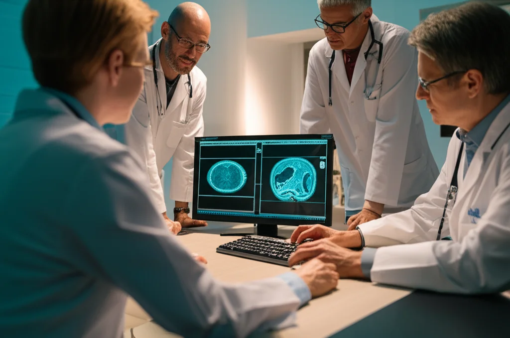 Un team multidisciplinare di medici, neurochirurgo, radioterapista, neurologo, che discute un caso di schwannoma vestibolare davanti a monitor con immagini RM del cervello. Luce soffusa da studio medico, atmosfera concentrata. Obiettivo prime, 35mm, profondità di campo per mettere a fuoco il team e sfocare leggermente lo sfondo.