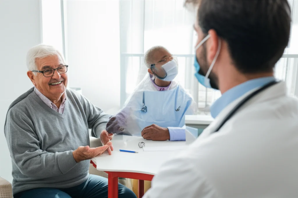 Primo piano di un paziente anziano sorridente che parla con un medico in un ambulatorio luminoso. Il medico ascolta attentamente. Dettaglio sulle espressioni facciali che trasmettono fiducia e cura. Obiettivo da ritratto, 50mm, luce naturale dalla finestra, leggero bokeh.
